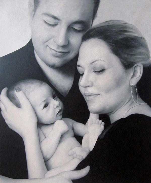 Stunning acrylic portrait painting of a mother holding her child alongside the father. 