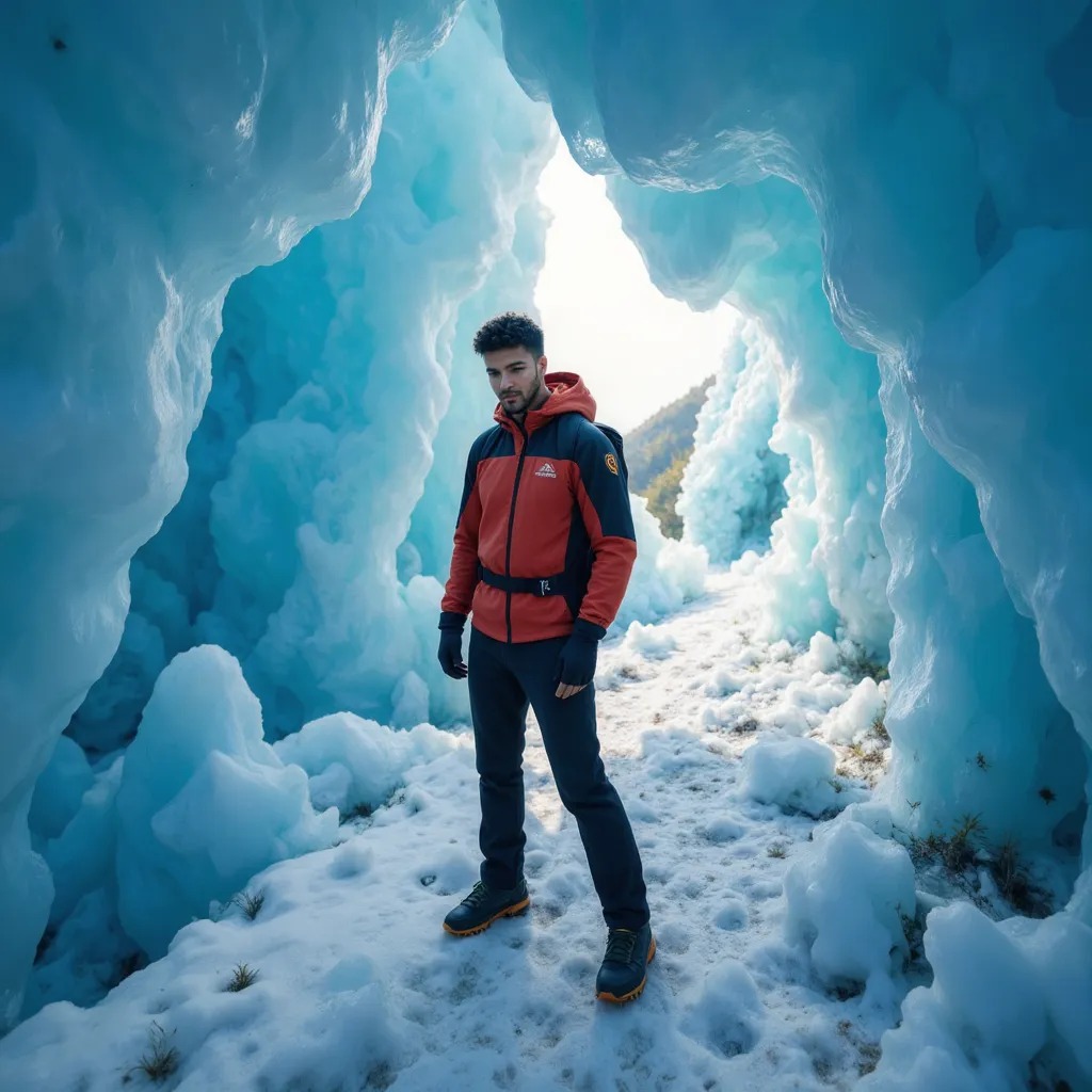 Work by Menajem Perez walking through a blue ice tunnel surrounded by frozen walls