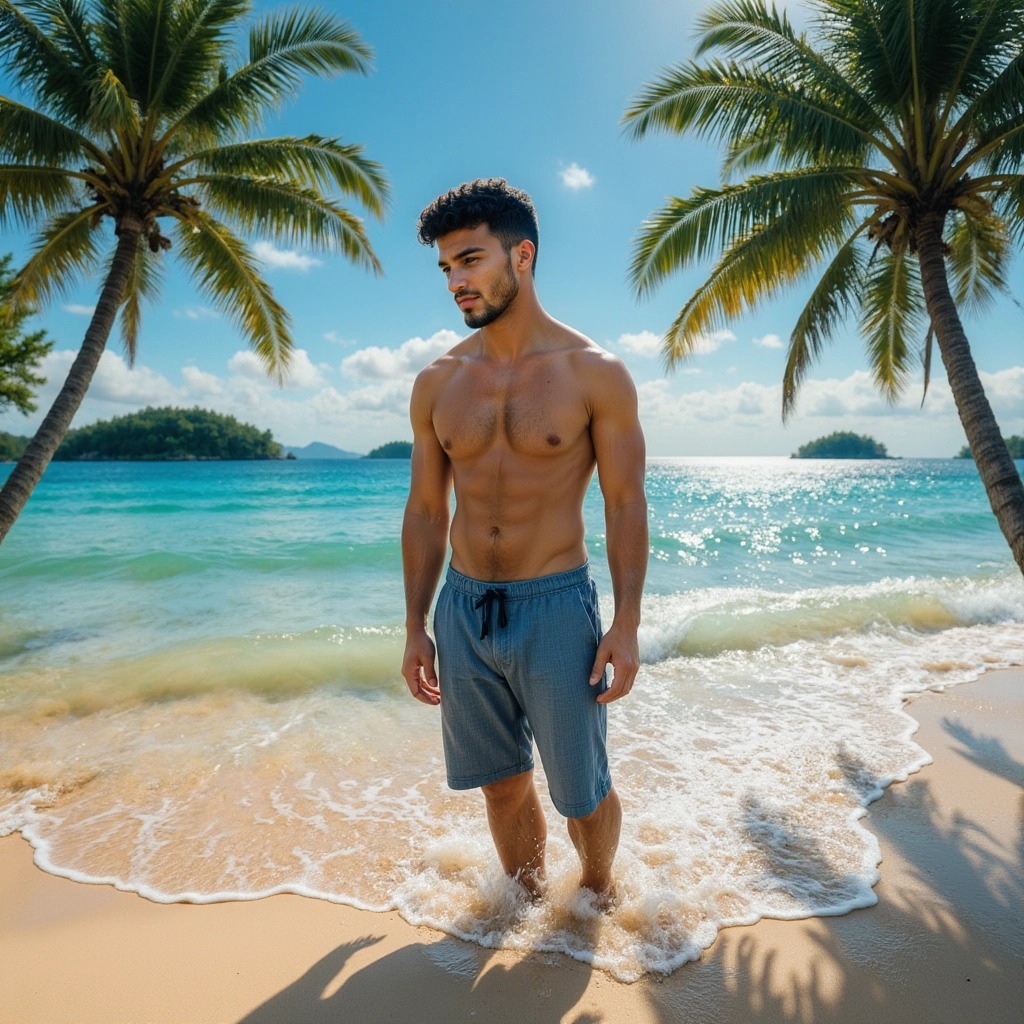 Work by Menajem Perez portraying a calm moment on the beach with sunlight and palm trees