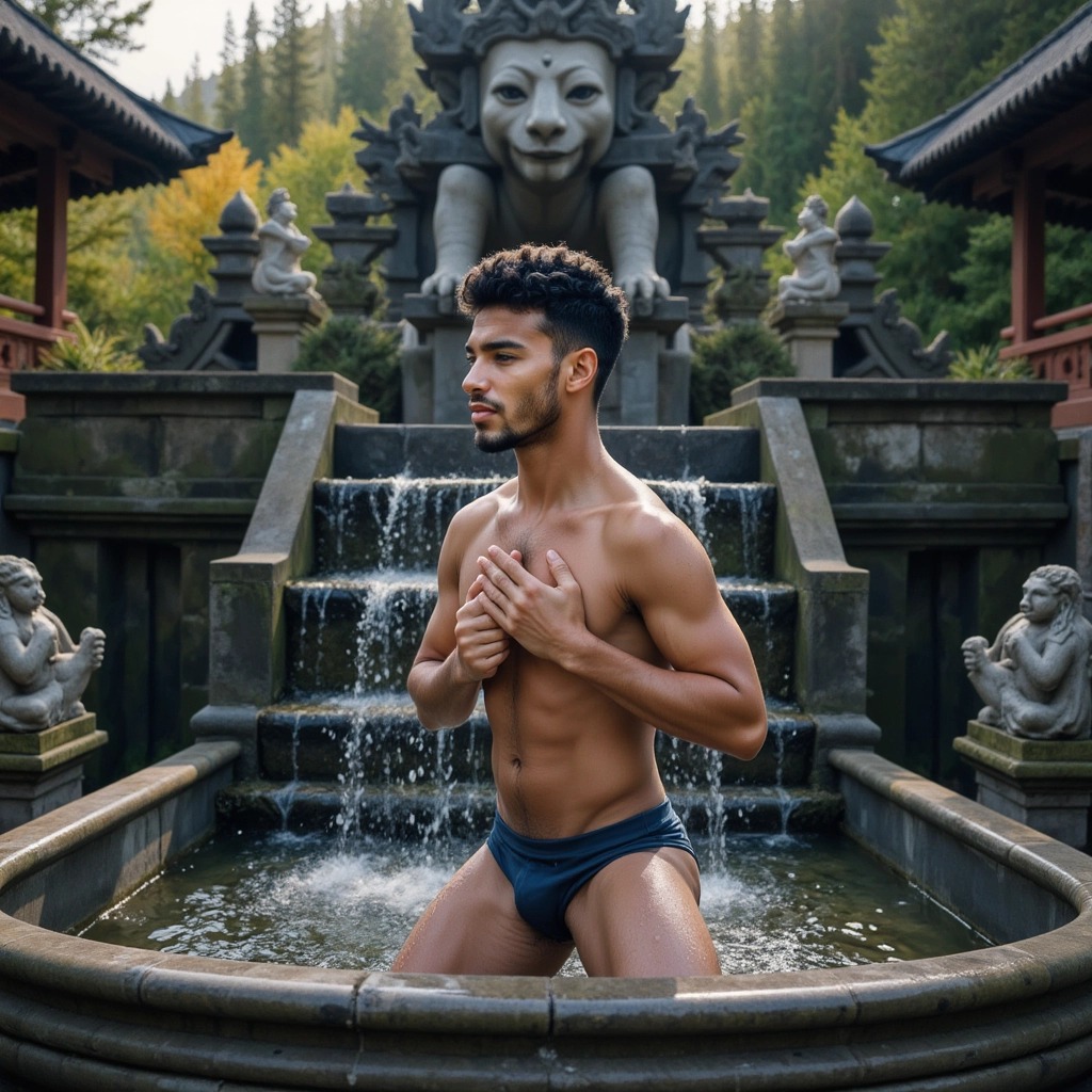 Work by Menajem Perez kneeling in a fountain with hands on chest, in front of a stone sculpture