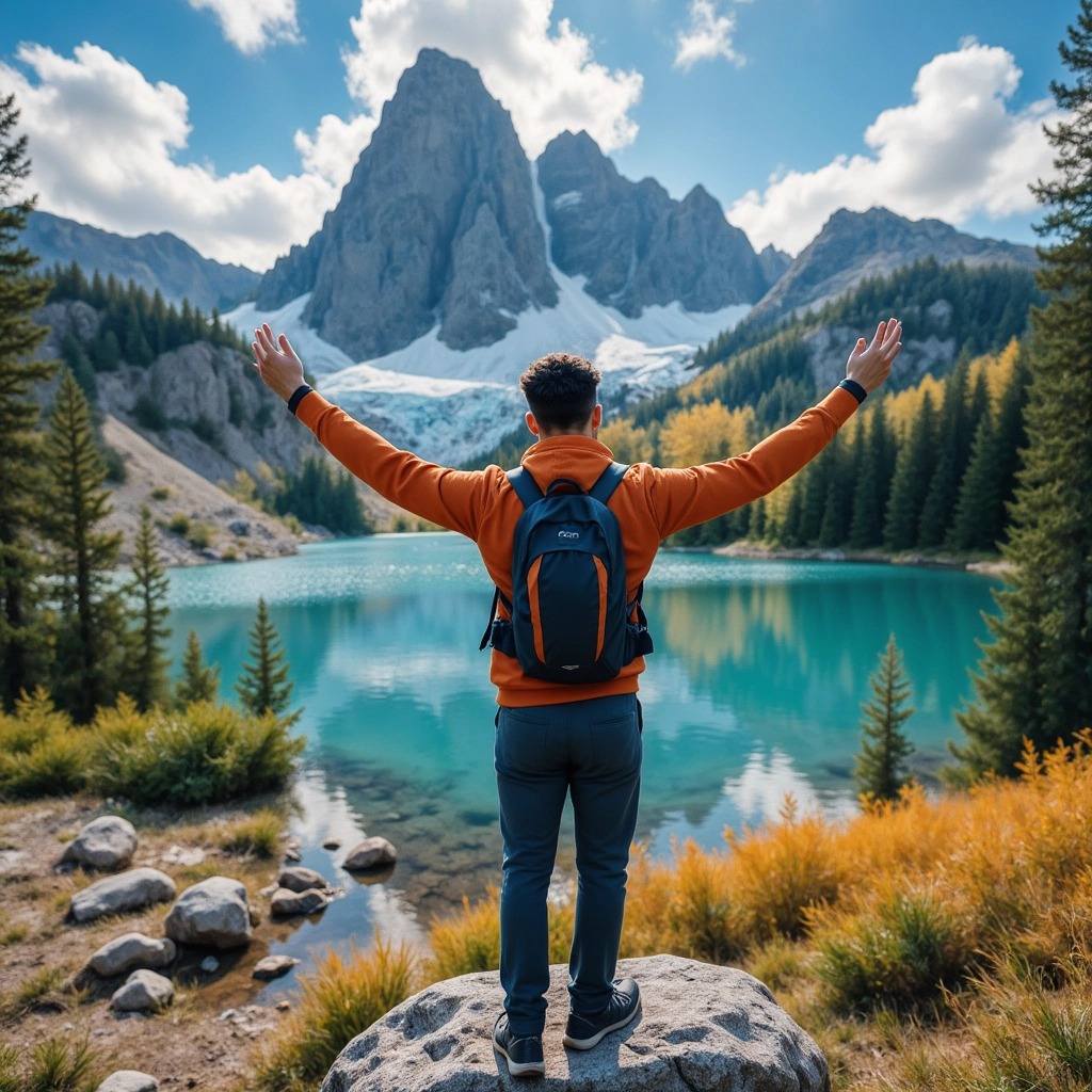 Work by Menajem Perez with arms open facing a turquoise lake and sharp mountains