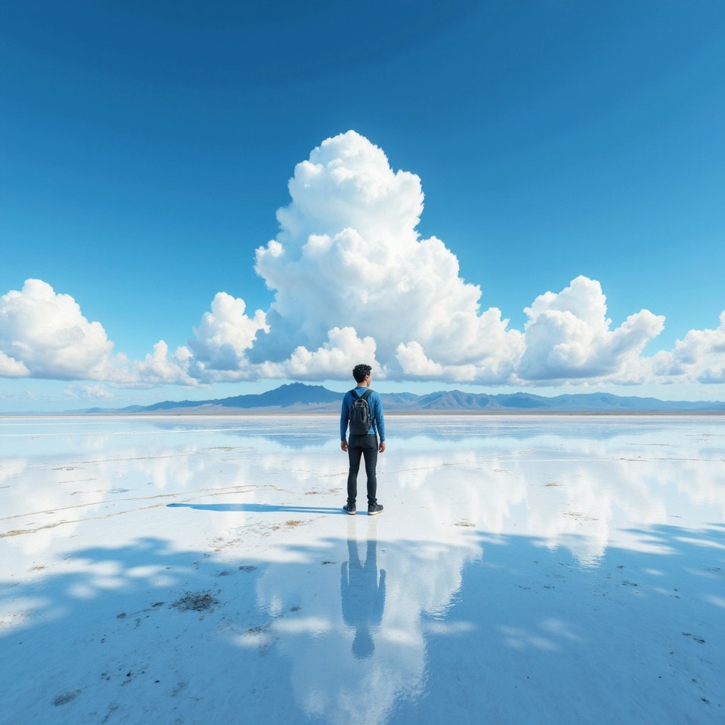 Work by Menajem Perez walking on a reflective salt flat under a sky filled with giant cumulus clouds