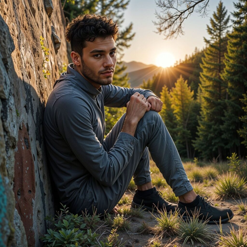 Menajem Perez sitting by a stone wall in the forest during a peaceful sunset